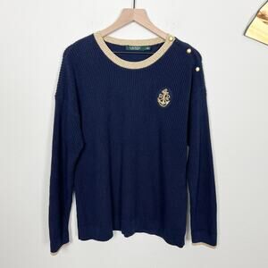ralph lauren navy blue cotton nautical preppy old money academia button sweater